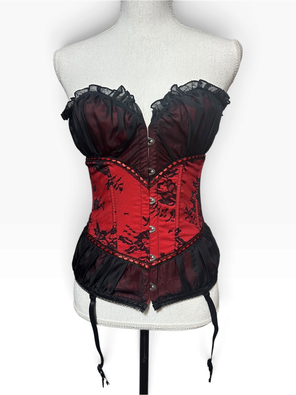 Red and Black Floral Lace Corset Bustier - Women Intimates